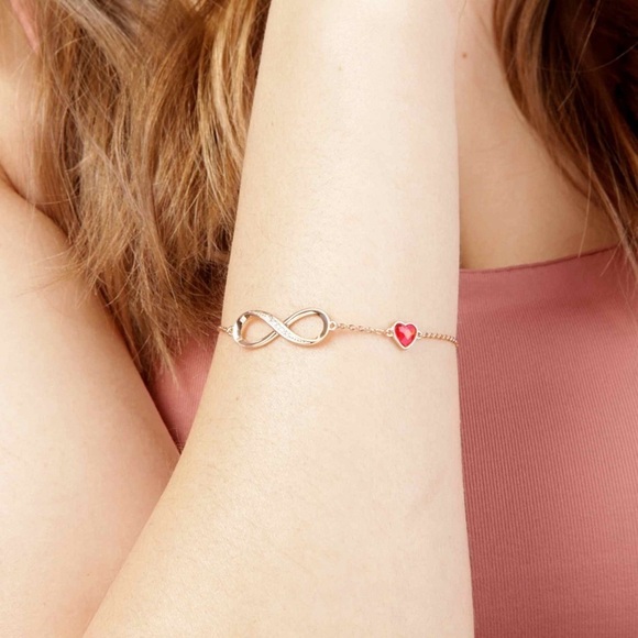 Rose Gold Infinity Heart Symbol Red Charm Link Bracelet January July Birthstone - Picture 2 of 6